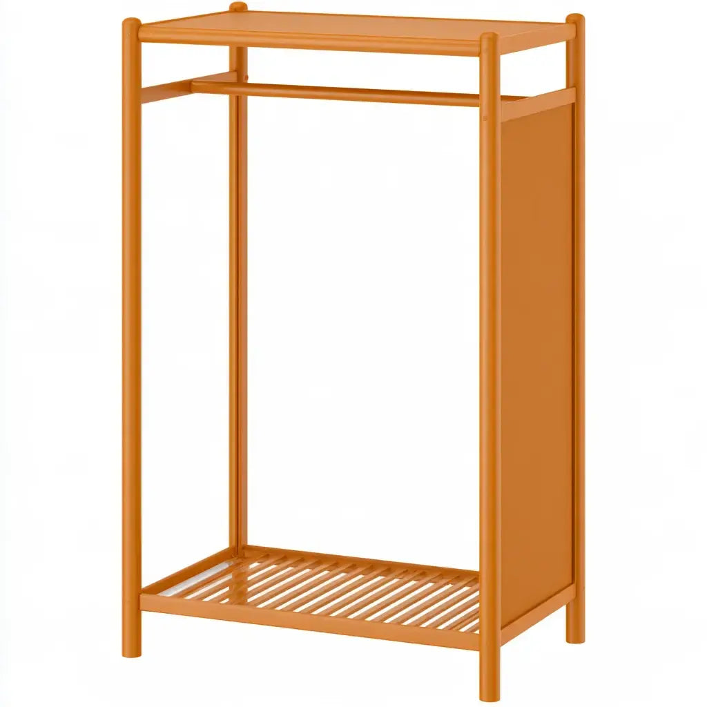 Open brown coat rack with a hanging bar and lower slatted shelf, featuring a modern design from CenterpiecePoint.