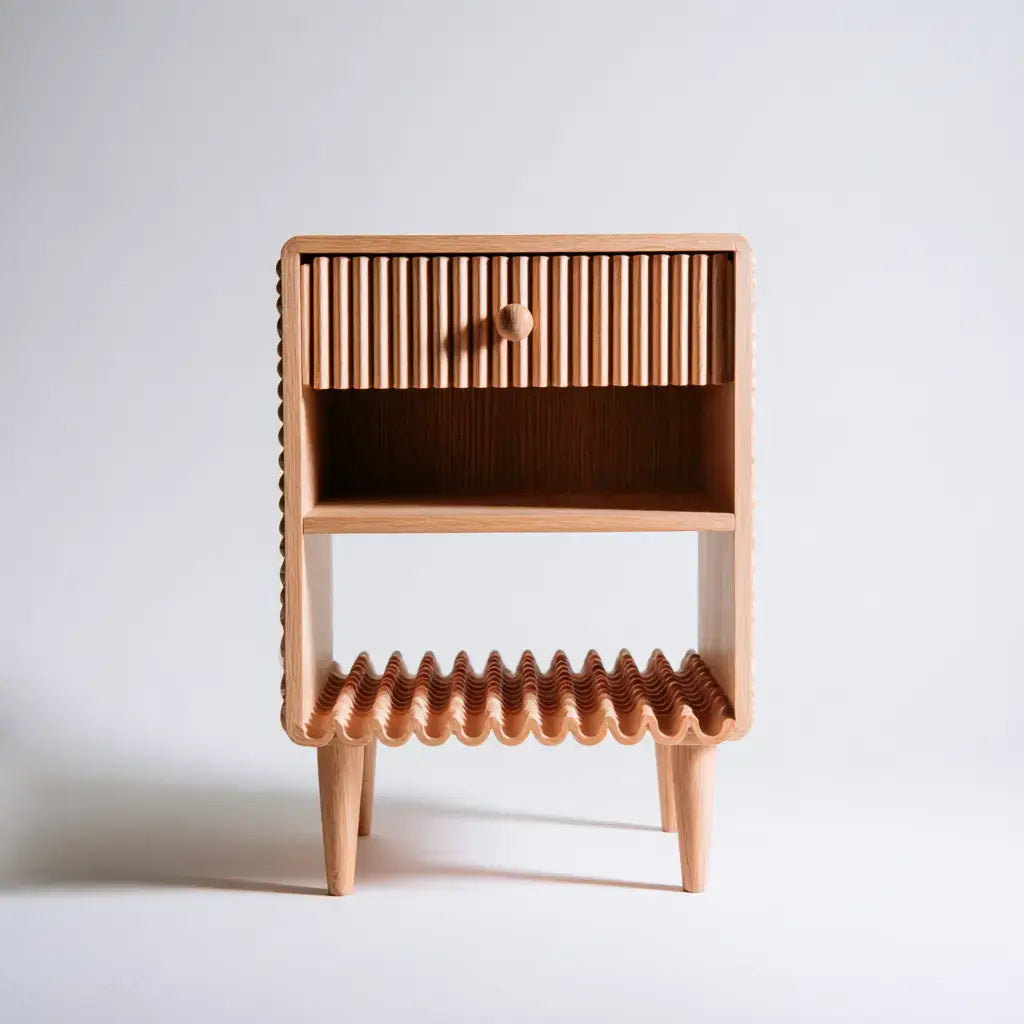 Wooden nightstand with slatted shelves and striped front in brown, featuring a modern design from CenterpiecePoint.