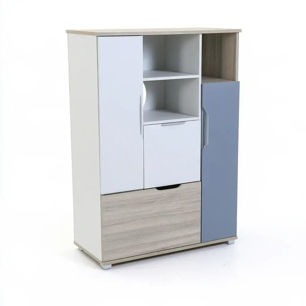 Armario con módulos abiertos y puertas asimétricas - blanco/azul/beige