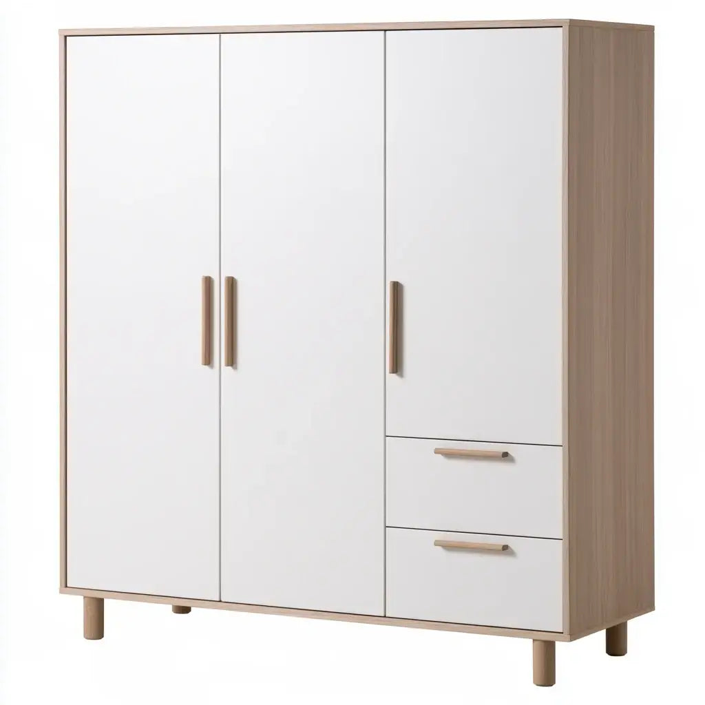 Armario con puertas lisas y cajones laterales - blanco/beige